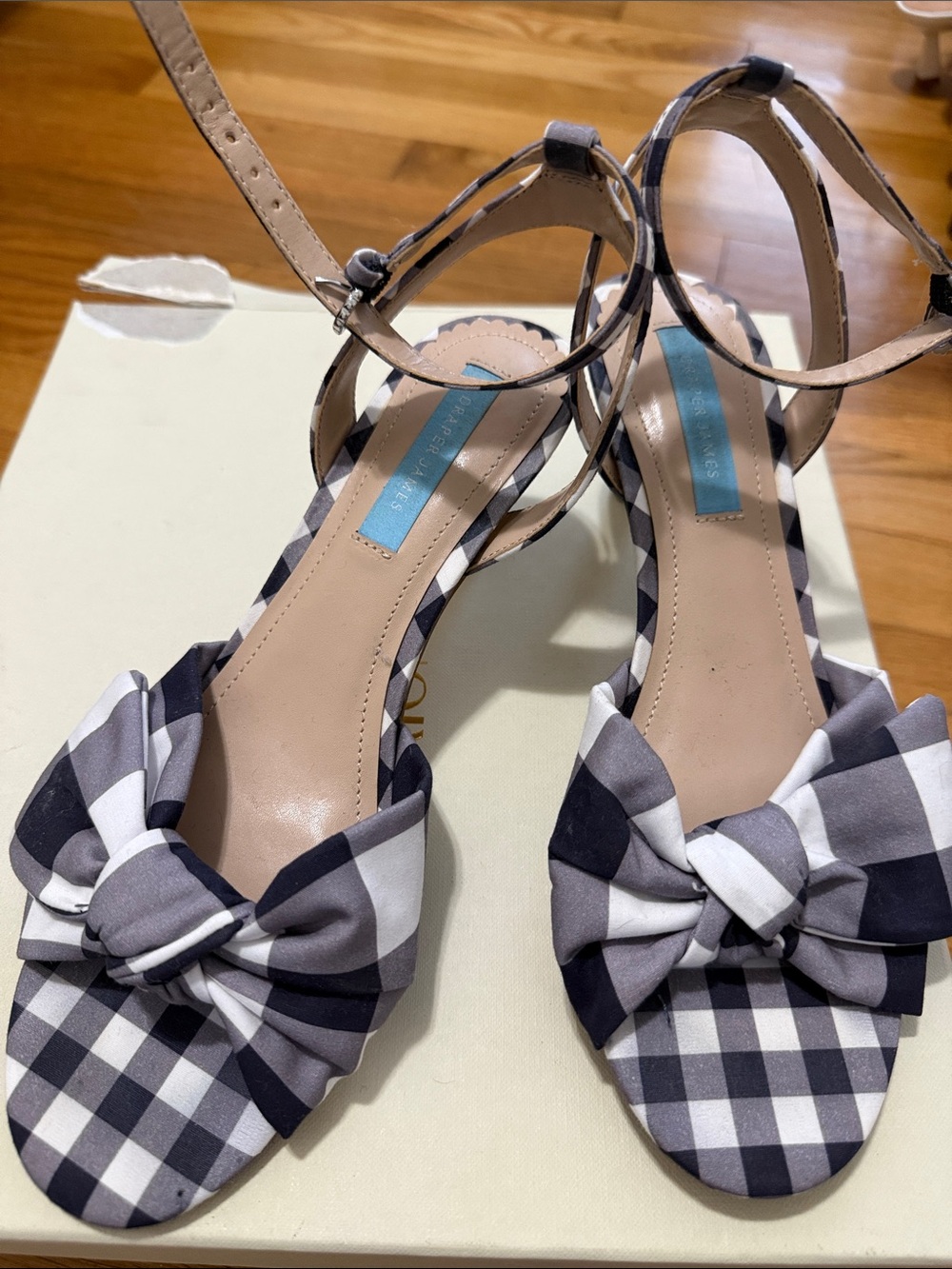 Draper James Navy & White Gingham Bow Ankle-Strap Sandals